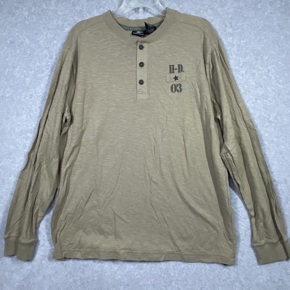 Harley Davidson Mens Long Sleeve Henley Shirt Khaki Tan HD 03 Size XL